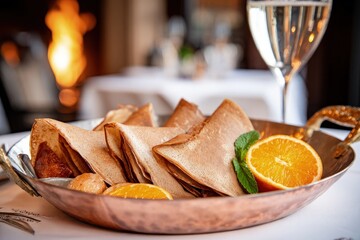 Crepes with Oranges on Copper Tray, Warm Restaurant Ambience, Champagne Glass, Selective Focus, Soft Lighting, High-End Culinary Experience