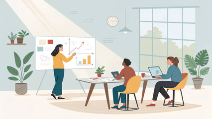 Fototapeta premium Diverse team brainstorming, presenting data and growth charts in a modern office. Ideal for business presentations, reports, and website banners.