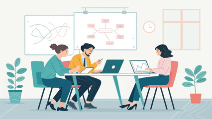 Three colleagues collaborating around a table in a modern office, ideal for website banners or business presentations.