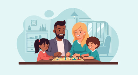 Happy family playing a board game at home. Perfect for family blogs, websites, or articles about family time and togetherness.
