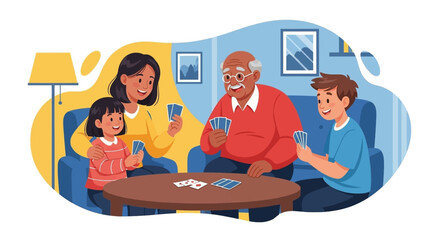 Happy multigenerational family playing cards together at home - perfect for family, togetherness, and bonding themed websites or brochures.