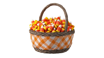 Naklejka premium A basket full of candy corn is shown on a white background