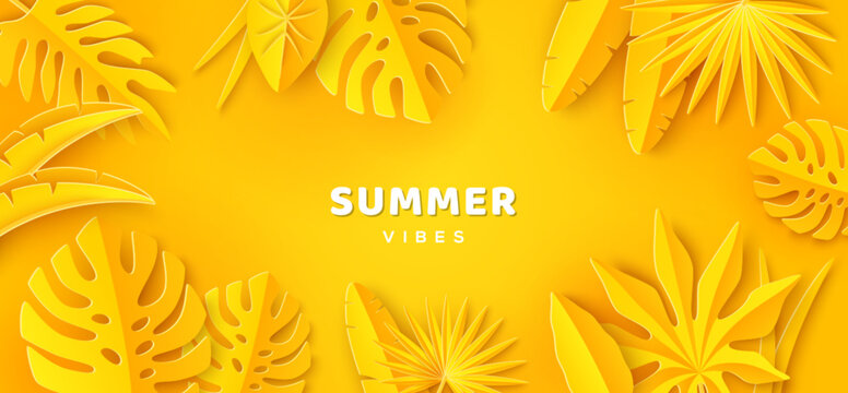 Summer background, yellow tropical holiday concept. Vector illustration. Jungle tropic leaves frame border 3d paper cut. Palm tree beach vacation fashion poster. Sun, travel nature modern banner