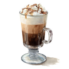 Watercolor vector illustration of Caffe Mocha, isolated on white background.