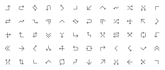 Line arrows and directions icon set. Minimal vector chevrons pack. Includes turn up, U-turn, swap, bounce, trend, shuffle, zigzag, merge, split, loop and more. Editable stroke.