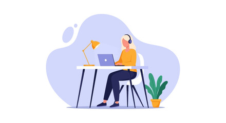 Woman working from home on laptop, perfect for remote work illustrations, blog posts, or website banners.