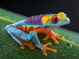 Naklejka premium Vibrant Macro Photography of Colorful Frog with Rain Droplets in Natural Wildlife Setting