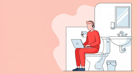 Illustration of a person working on a laptop while sitting on the toilet. Perfect for articles about work-life balance, remote work challenges, or humorous illustrations.
