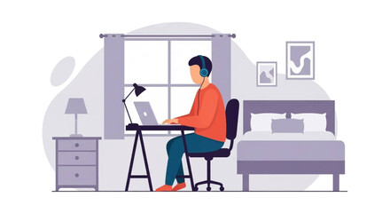 Person working from home on laptop, wearing headphones. Illustration perfect for blog posts, articles, or websites about remote work.