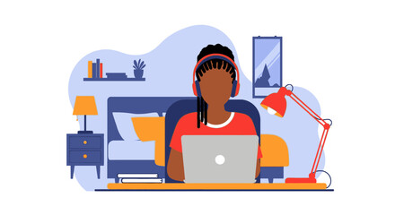 Young woman working from home on laptop, perfect for blog posts about remote work or online learning.