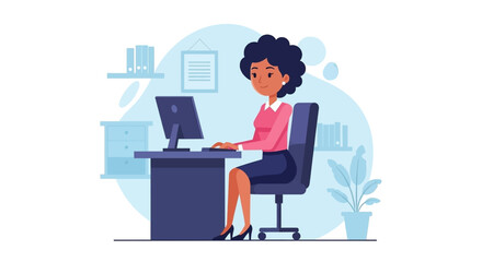 Happy businesswoman working on computer in modern office, ideal for website banners or business presentations.