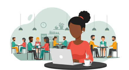 Diverse group of people working and socializing in a modern cafe, ideal for websites and brochures promoting coworking spaces.