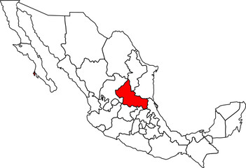 Fototapeta premium Blank political map of Mexico with San Luis Potosí state highlighted. Great for education, infographics, regional focus, and geographic visual projects.