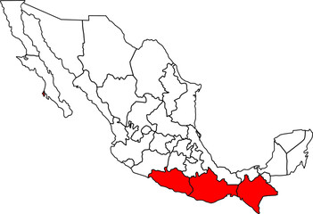 Blank political map of  Mexico highlighted southern states . Perfect for education, infographics, and regional geographic analysis.

