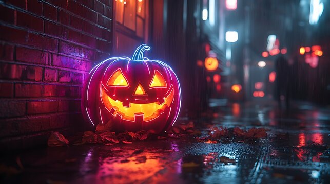 Glowing Halloween pumpkin with neon outline on wet street at night jack o lantern