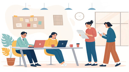 Teamwork in a modern office: Illustration of colleagues collaborating on projects, ideal for website landing pages or business brochures.
