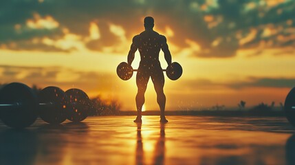 Silhouette of a bodybuilder holding a barbell against a sunset with other barbells nearby