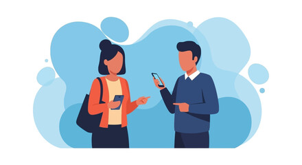 Two colleagues discussing ideas on their smartphones. Ideal for website banners, app marketing, or presentations about teamwork and communication.