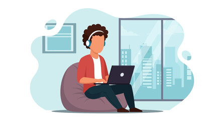 Young man working from home, using laptop and headphones. Perfect for remote work, freelance, and technology websites.