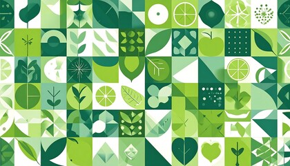 Geometric pattern of green shapes, fruits, and leaves.  Fresh, vibrant, and stylized.  Repeating design on a white background.  Squares and triangles arranged in a grid