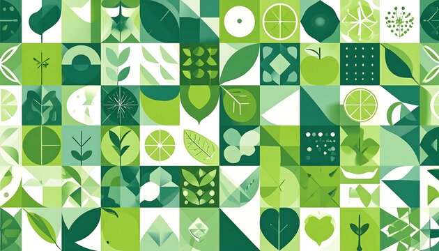 Geometric pattern of green shapes, fruits, and leaves.  Fresh, vibrant, and stylized.  Repeating design on a white background.  Squares and triangles arranged in a grid