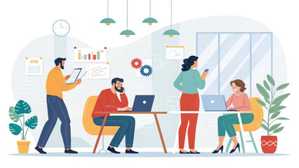 Teamwork in a modern office: Diverse colleagues collaborating on projects, perfect for illustrating business articles or websites.