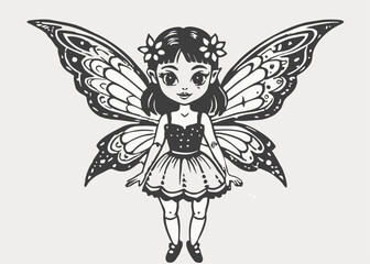 Fototapeta premium Flat vector illustration in children's style. Beautiful fairy woman with wings flying on white background