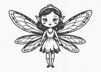 Fototapeta premium Flat vector illustration in children's style. Beautiful fairy woman with wings flying on white background