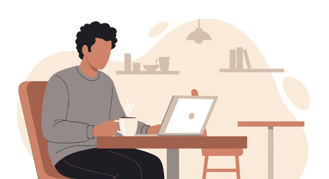 Man working on laptop in cafe, perfect for website banners or blog posts about remote work.