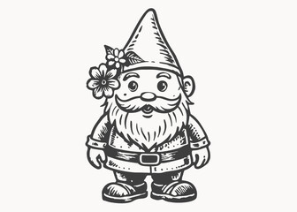 Garden gnome with flowers watercolor illustration