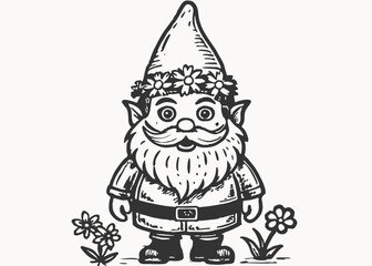 Garden gnome with flowers watercolor illustration