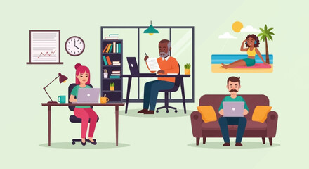 Diverse team working remotely: woman at desk, man on sofa, and woman relaxing on beach - ideal for illustrating work-life balance, flexibility, or remote work.