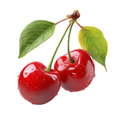 Two red cherries with green leaves, an icon on a white background. PNG