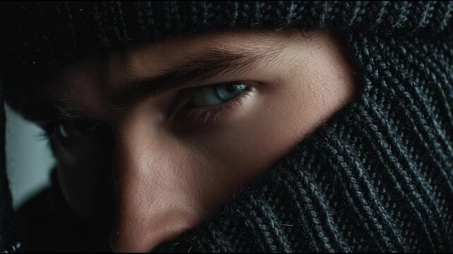 high end fashion ad campaign for striking European male model with ski mask