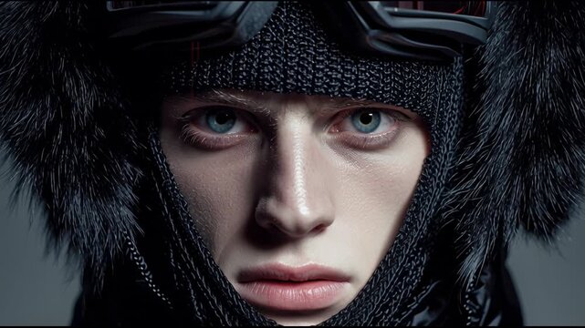 high end fashion ad campaign for striking European male model with ski mask