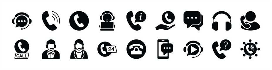 Consultant phone call center icon vector set. Contains contact information, help, support, live question, advice, 24 hours online video chat, assistant, customer service, operator, headset