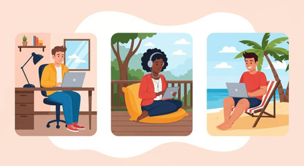 Diverse people working remotely: at home, outdoors, and on the beach. Ideal for illustrating flexible work arrangements, work-life balance, or remote work.