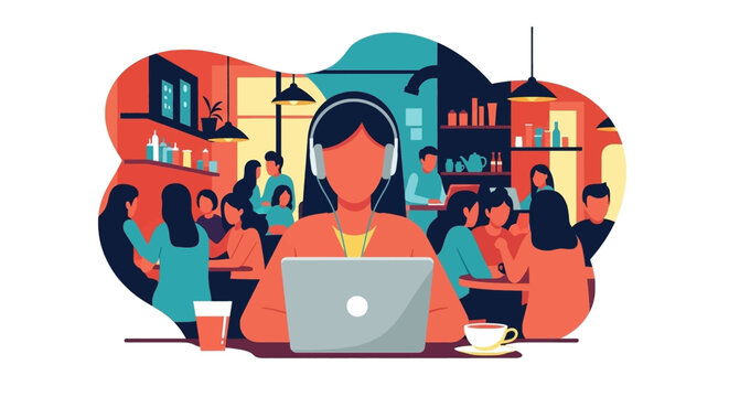 Woman working on laptop in a busy cafe, perfect for illustrating remote work, coworking spaces, or cafe culture.