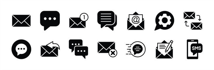 Chat message icon vector set. Contains speech bubble, conversation, dialogue text, email contact, reply, read, setting, delete, sent, write, sms button. Illustration