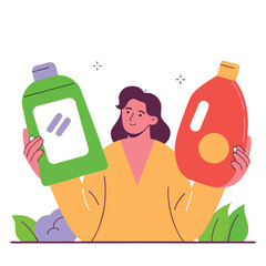 A woman thoughtfully compares two different cleaning product bottles a green one and a red one in a stylized illustration