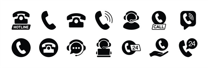 Contact hotline icon vector set. Contains ringing phone, call center, customer service, assistance, 24 hour office telephone technical support, live chat, operator, help desk. Illustration
