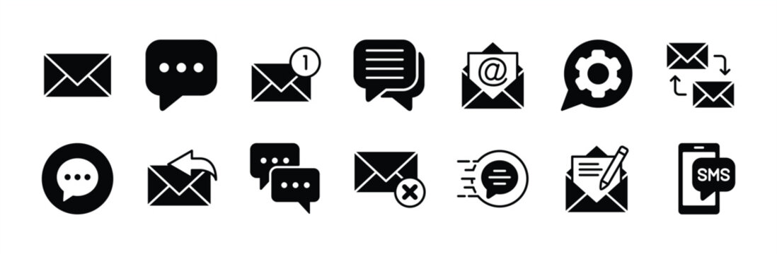 Chat message icon vector set. Contains speech bubble, conversation, dialogue text, email contact, reply, read, setting, delete, sent, write, sms button. Illustration