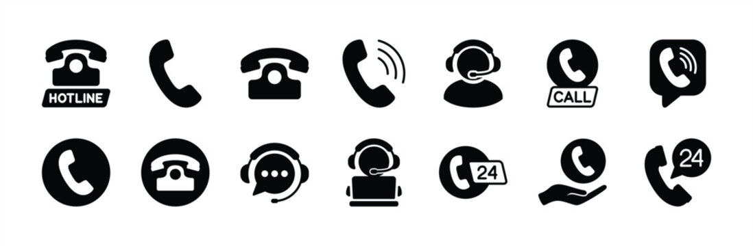 Contact hotline icon vector set. Contains ringing phone, call center, customer service, assistance, 24 hour office telephone technical support, live chat, operator, help desk. Illustration