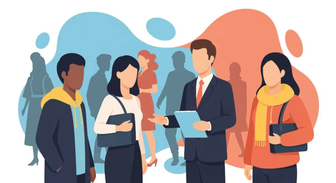 Diverse group of people at a networking event or job fair. Ideal for business presentations or HR websites.