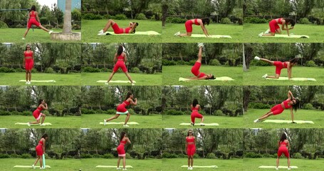 A series of photos of women doing various yoga poses in a park. The photos are in a grid format and are all in red. Scene is energetic and active - Powered by Adobe