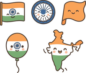 A set of colorful flat vector icons representing Indian Independence Day, including the national flag, Ashoka Chakra, traditional lamps, patriotic symbols, and cultural items.