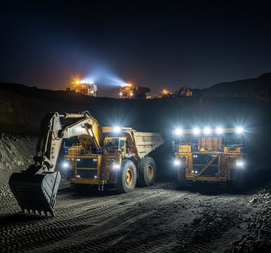 Illuminated heavy machinery operating at night in a mining environment, working.