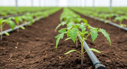 Rows of young green tomato plants growing in dark soil with irrigation pipes seedlings greenhouse