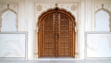 Ornate wooden door in a white palace
