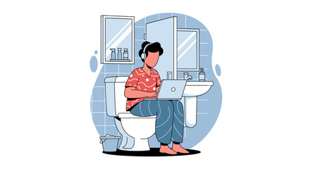 Person working on laptop in bathroom, illustration for blog post about remote work or work-life balance.